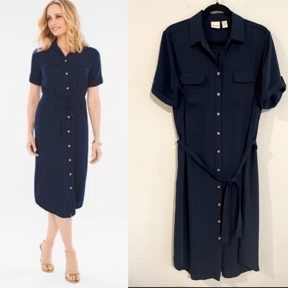 Chico's Women’s Midi Dress Large Blue Lightweight Button Front Tie Belt Preppy - Picture 1 of 16